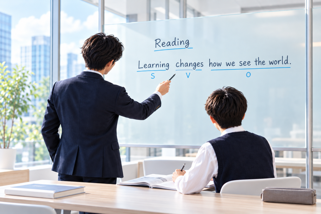 講師が英文の文構造を説明し、生徒がノートで確認する大学受験対策の指導イメージ