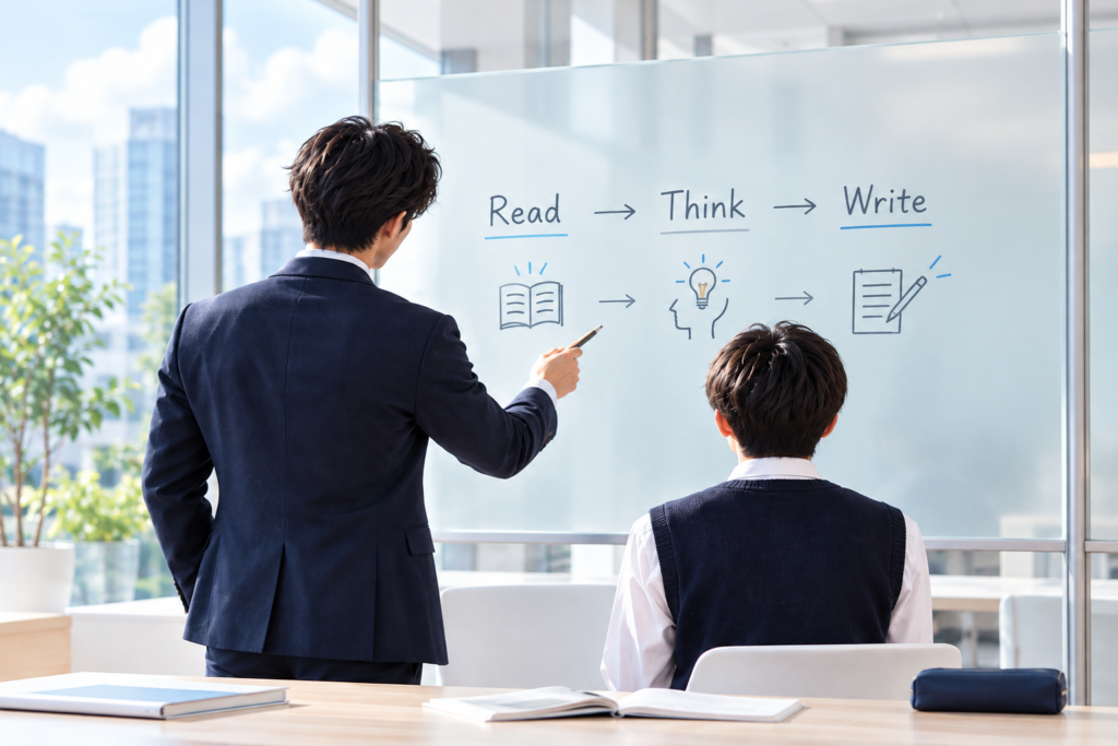 講師が生徒と読み方・考え方・書き方を確認する指導イメージ
